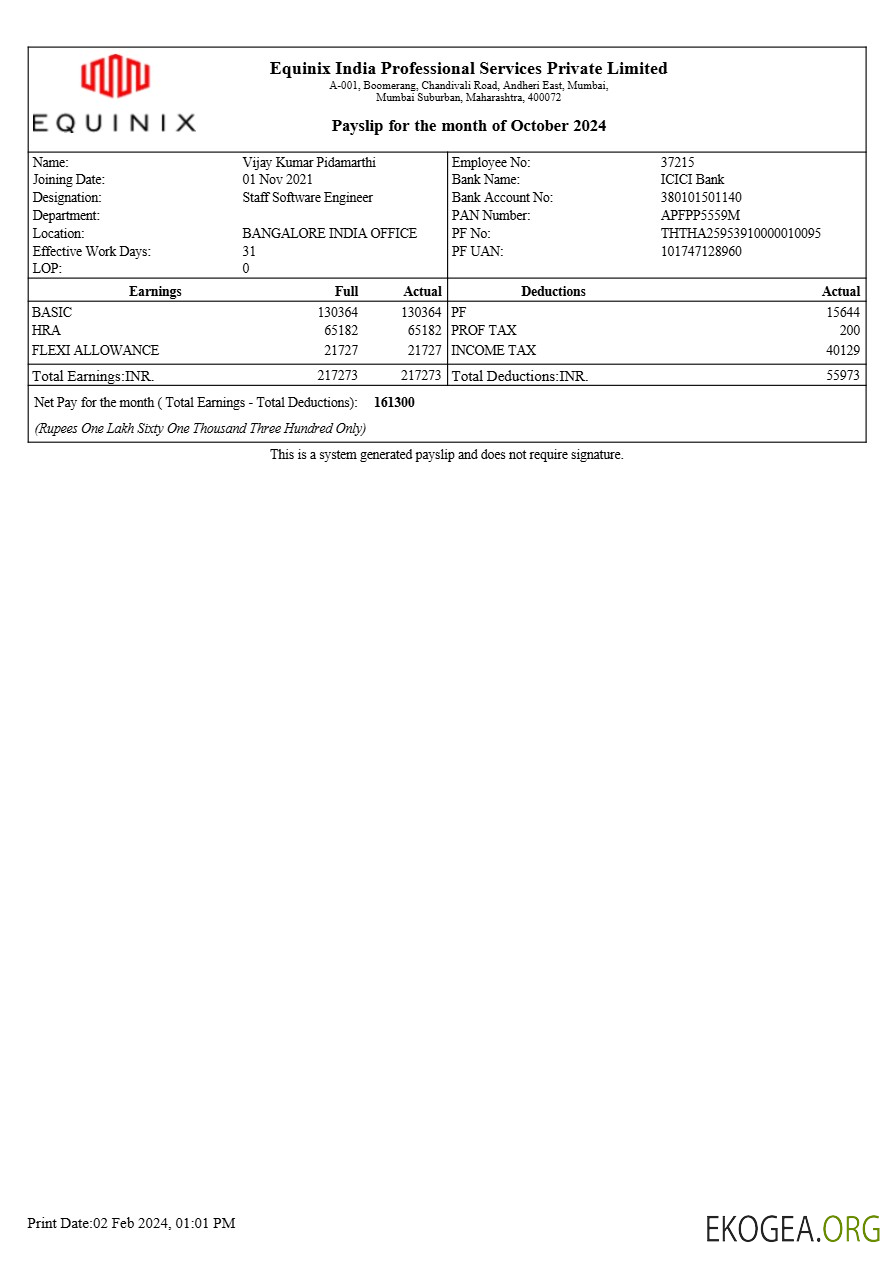 Modèle de fiche de paie d'Equinix India Professional Services aux formats Word et PDF.pdf, 1